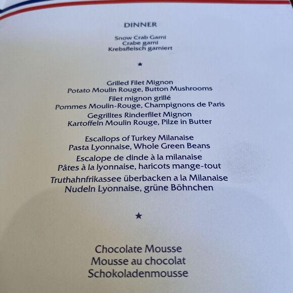 American Airlines International 1st Class Flagship Service Menu in 3 Languages - Picture 3 of 6